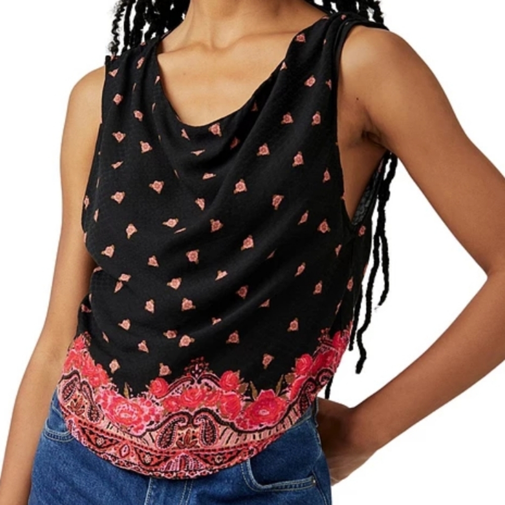 Free People Silas Casual Cowl Neck  Floral Printed Tank Sleeveless Black Combo S